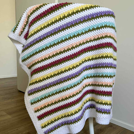 Crochet | Blanket / Throw | Rainbow Flowers & White Stripes