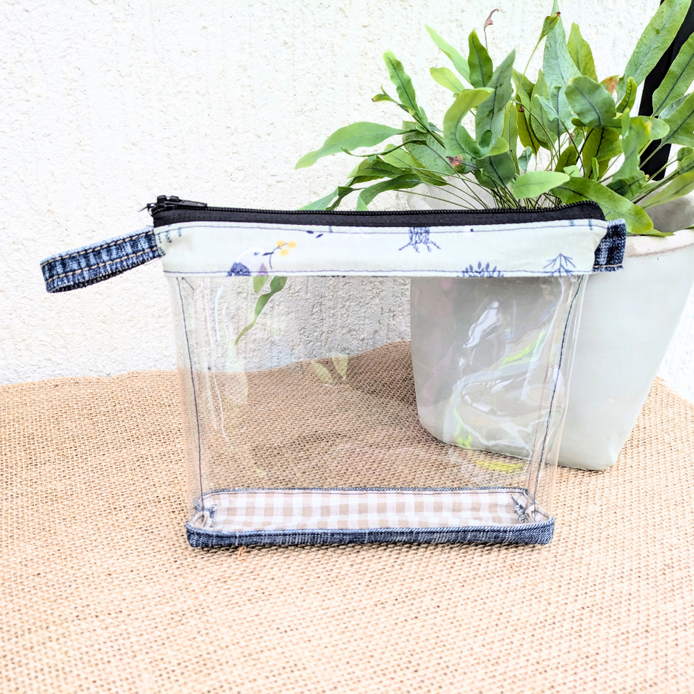 Pouch, Clear Organiser Upcycled Denim Woodland and Gingham
