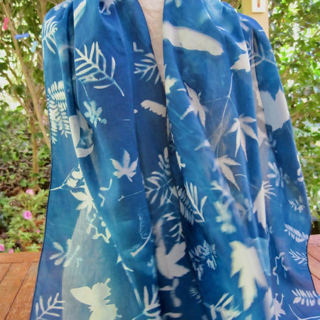 Nature's Wonders- cotton/silk scarf cyanotype with images of nature