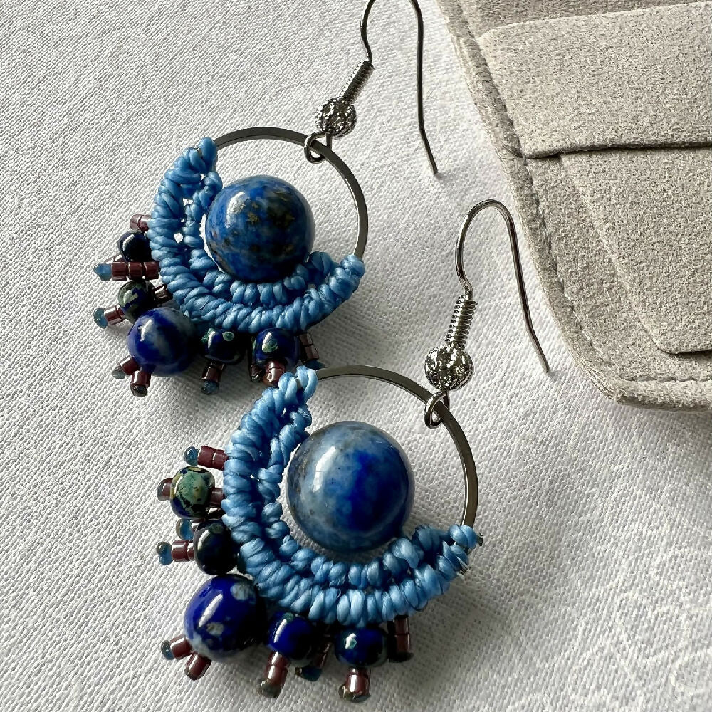 Blue Planet Micro Macrame Earrings - Lapiz Lazuli & Miyuki +Free Microfibre Pouch