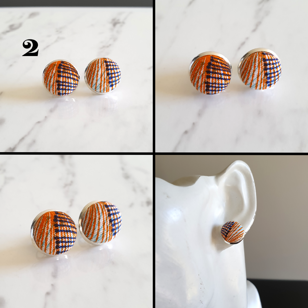 1.4cm Round Colourful Line cotton fabric Silver colour Cabochon stud earrings