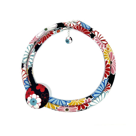 Kimono Cord Necklace Red and Aqua Florals