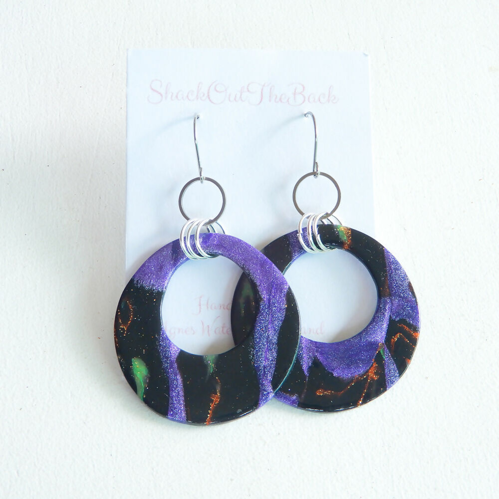 Black & Purple Polymer Clay Hoop Earrings "Purple Nights"