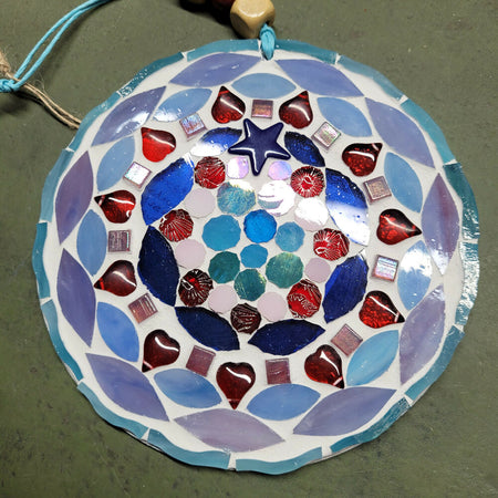Suncatcher, Blues & Red, Glass on Acrylic Mosaic - a Cute Design