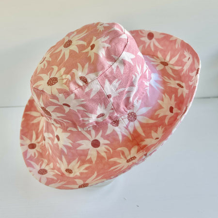 Summer hat in large pink flannel flowers fabric