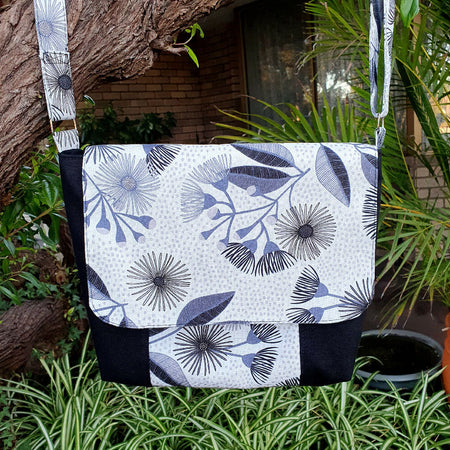 Spacious Cross Body Bag with two pockets in Black and White wildflower fabric