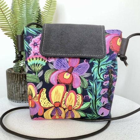 Small Cross Body Bag in Orchid Flowers with Grey Canvas