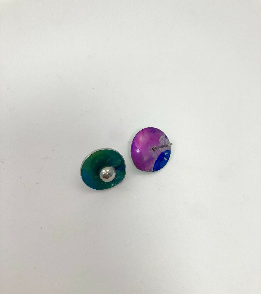 Printed and dyed anodised aluminium stud earrings
