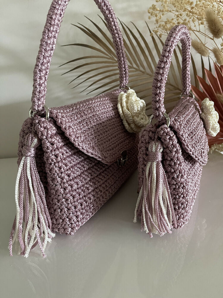 Mum & Daughter Crochet Purse Set, Flower Brooch + Tassel, Special Occasion Gift