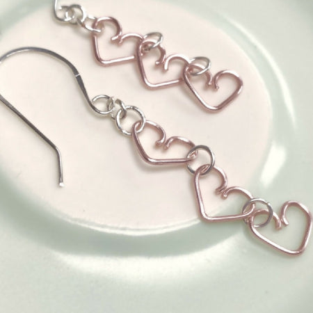 Chain of Hearts silver and rose pink dangle earrings | Wedding or Anniversary jewellery