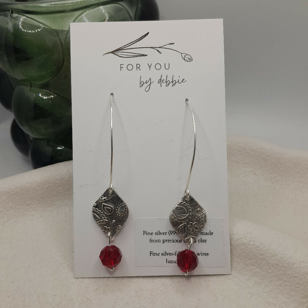 Fine silver earrings boho red -handmade ear wire