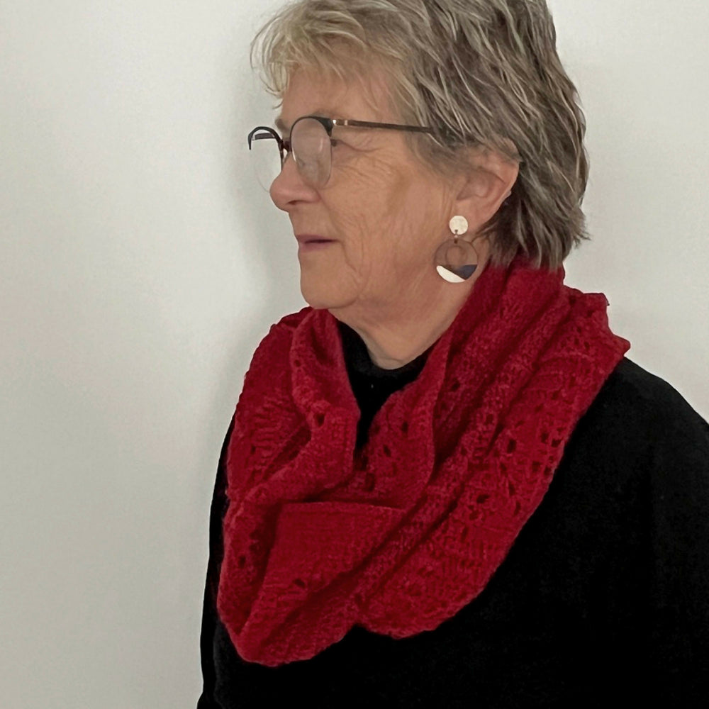 Rich dark red cowl scarf crocheted in 8ply wool.
