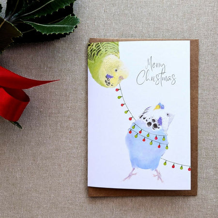 Budgie Christmas lights greeting card.