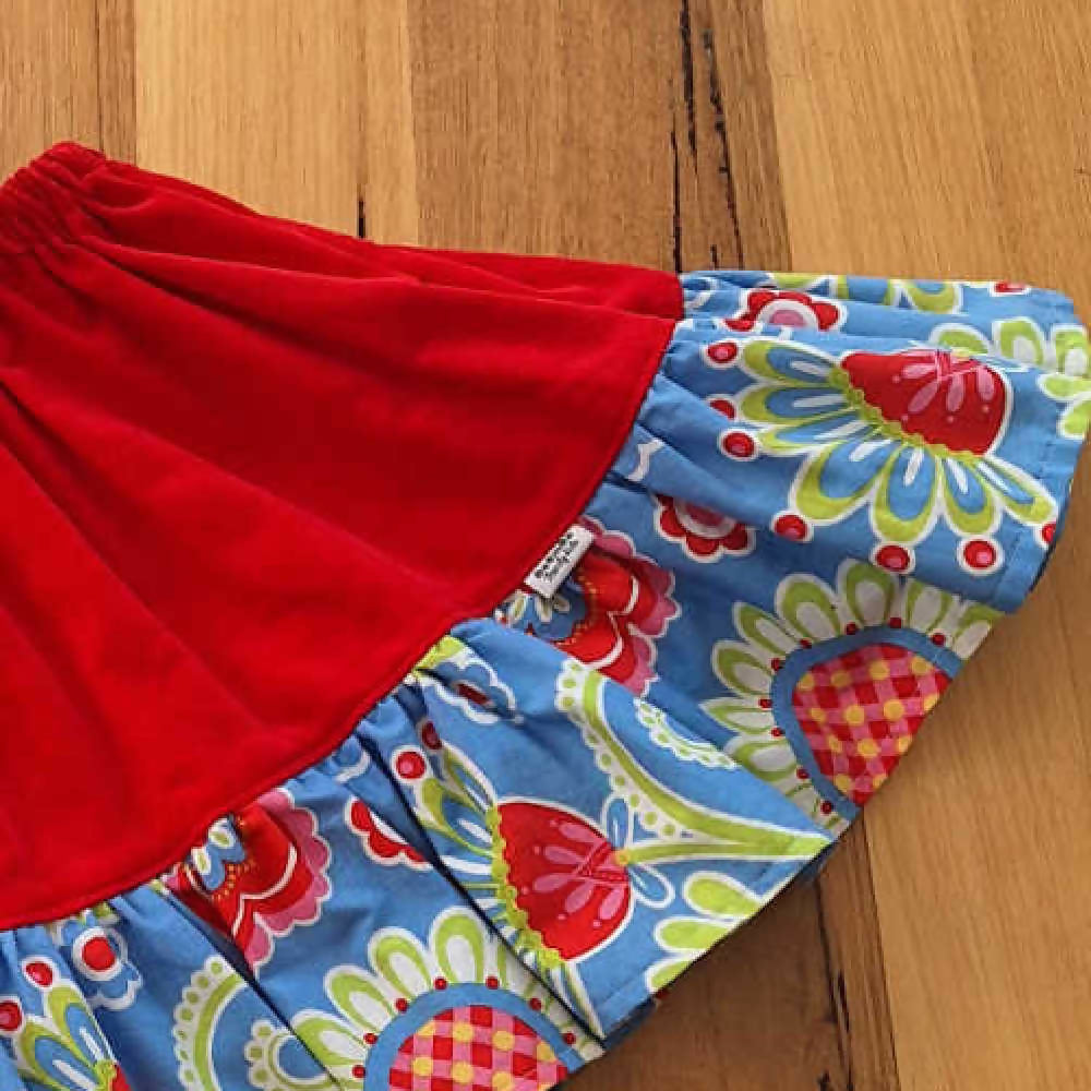 Girls Red Corduroy Skirt, Floral Trim | Size 5