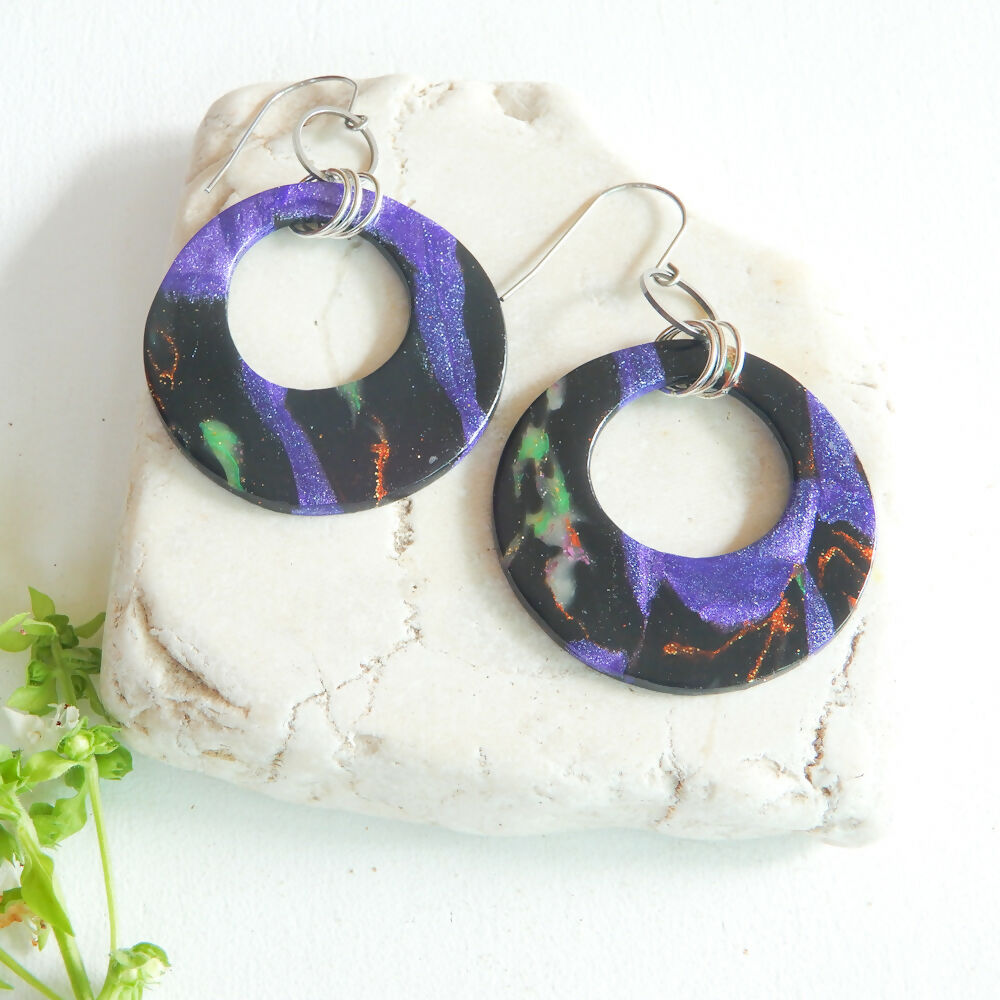 Black & Purple Polymer Clay Hoop Earrings "Purple Nights"