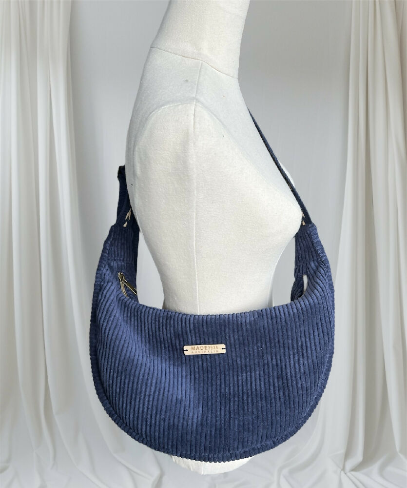 Navy Corduroy Banana Bag / Crescent Tote