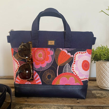 Lola Crossbody/Tote Bag - Navy & Hot Pink Floral/Navy Faux Leather
