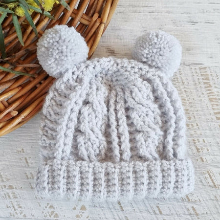 Baby Beanie Grey Newborn Crochet Knitted Cable Pompom Hat