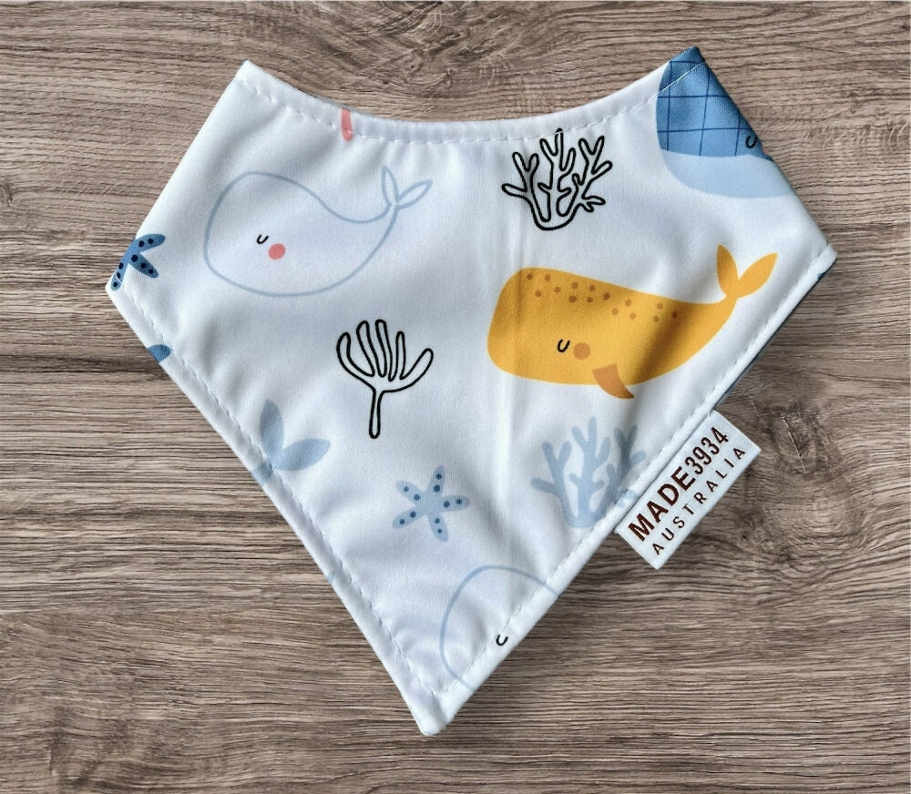 Bandana Style Waterproof Bib - Whale on White Background