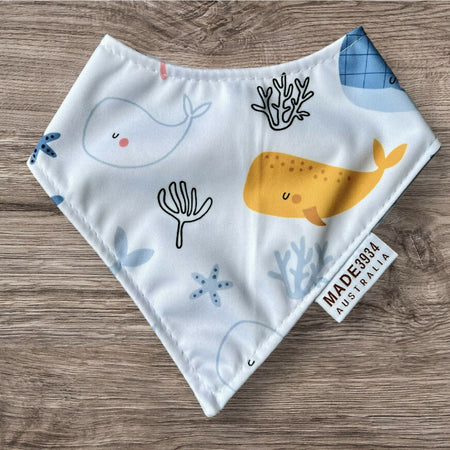 Bandana Style Waterproof Bib - Whale on White Background