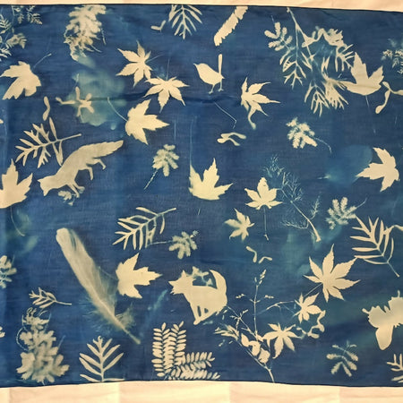 Nature's Wonders- cotton/silk scarf cyanotype with images of nature