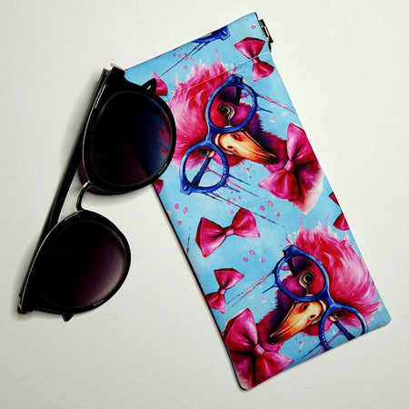 Sunglasses Pouch with a Hot Pink Bird wearing sunnies