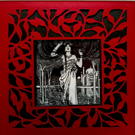 Art Nouveau image fired onto ceramic tile in hand cut papercut frame