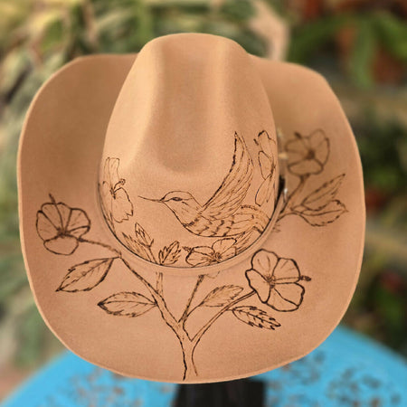 Hand burnt 100% wool hat -Hummingbird and hibiscus flowers