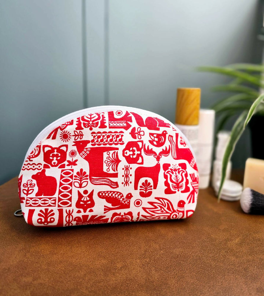 Make up bag. Scandi red & white design. Cosmetic pouch. Toiletry purse.