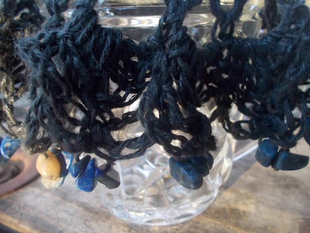 crocheted beaded jug cover with sodalite beads