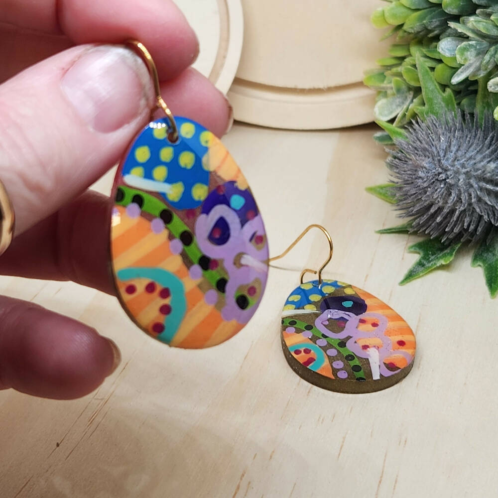 Dangle Earrings Gemma Oval Painted Handcast Resin Hook Earring