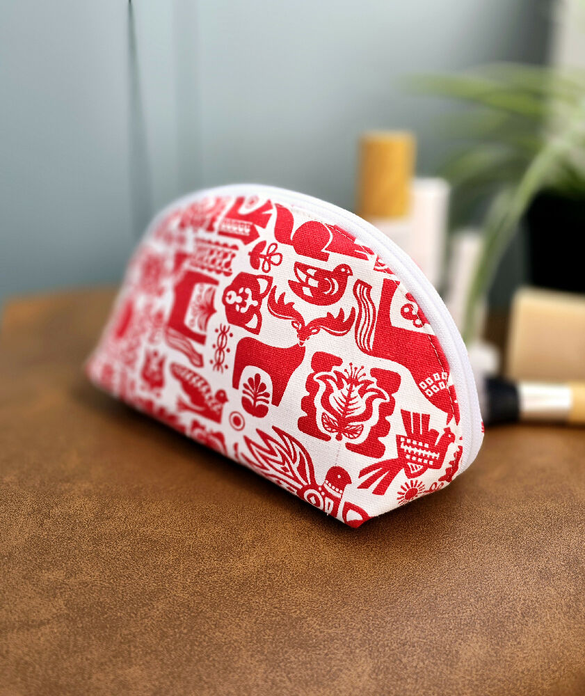 Make up bag. Scandi red & white design. Cosmetic pouch. Toiletry purse.