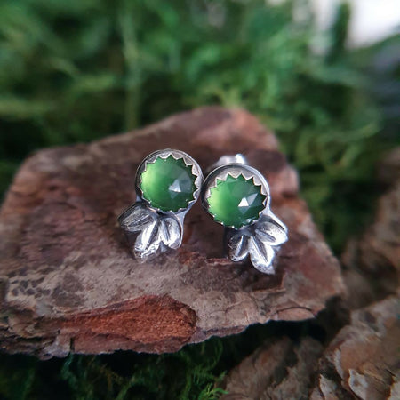 Sterling silver leaf studs with serpentine