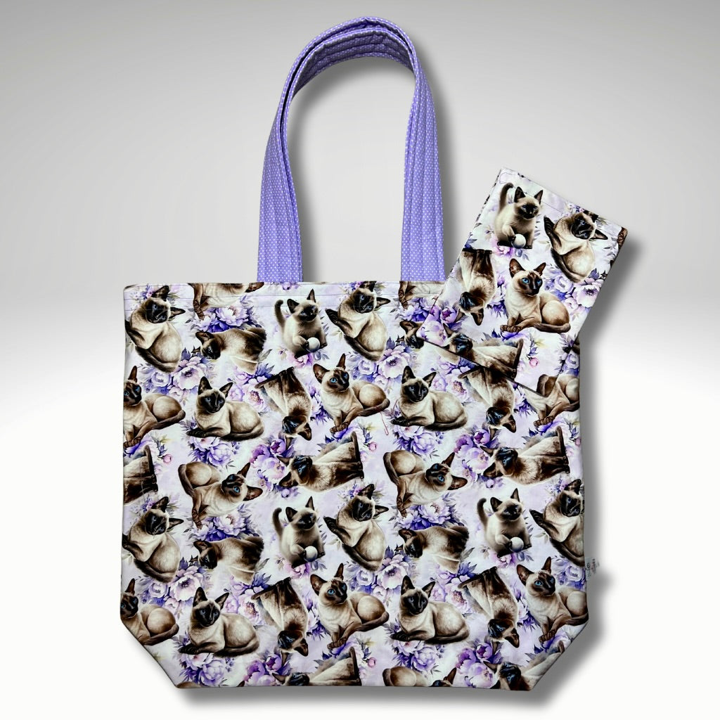 Grocery Tote. Siamese Cat .. Lined with storage pouch