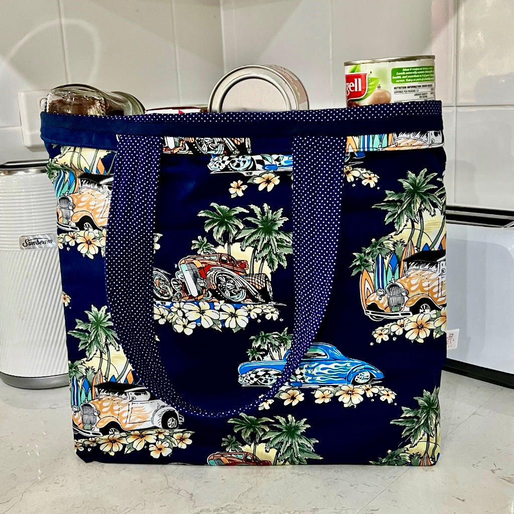 Grocery Tote .. Hot Rods ... Lined with storage bag