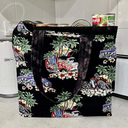 Grocery Tote .. Hot Rods ... Lined with storage bag