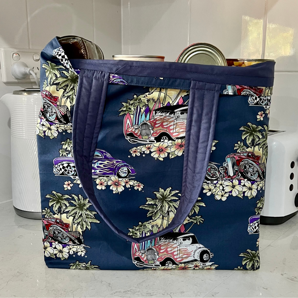 Grocery Tote .. Hot Rods ... Lined with storage bag