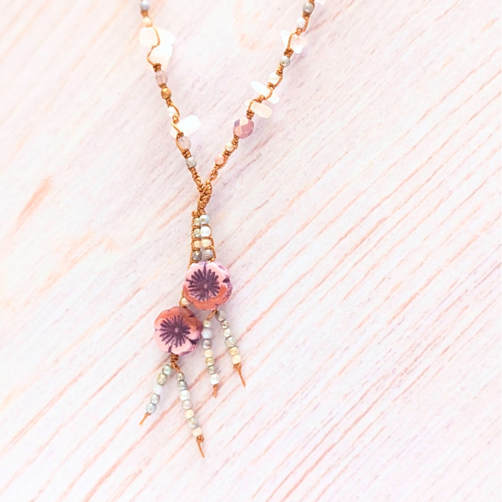 Rose quartz glass beaded necklace - Modern January birthstone - OOAK - Boho style - Long