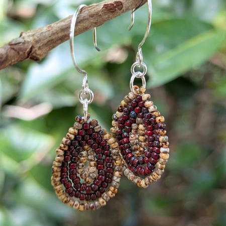 Droplet earrings | Hand stitched | Sterling silver ear hooks | Red and brown with a unique Picasso finish