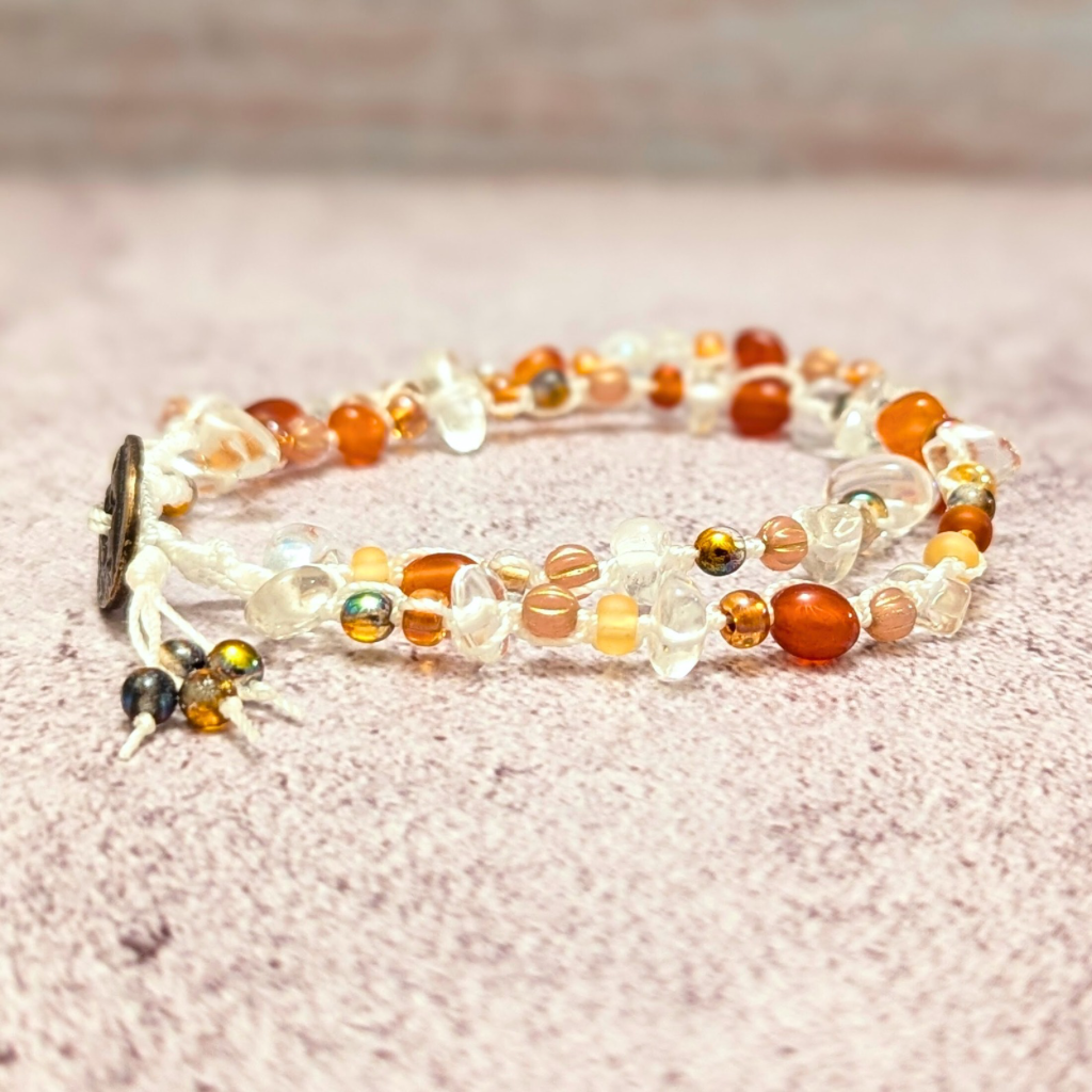 Carnelian and crystal quartz bracelet - August birthstone - Unique pebble gemstone beads - OOAK