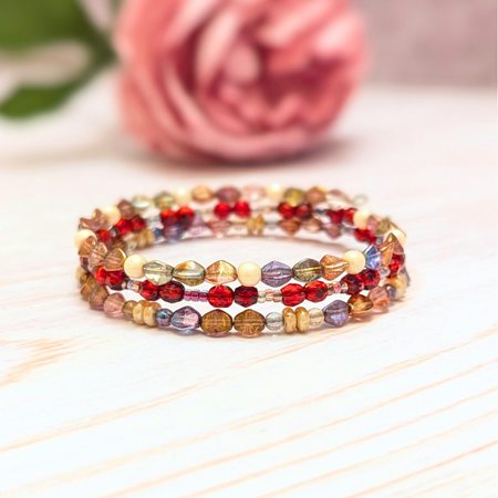 Beaded wire bracelet | Shimmering red beads and glass pearls | Unique | One of a kind design | Minimalist boho
