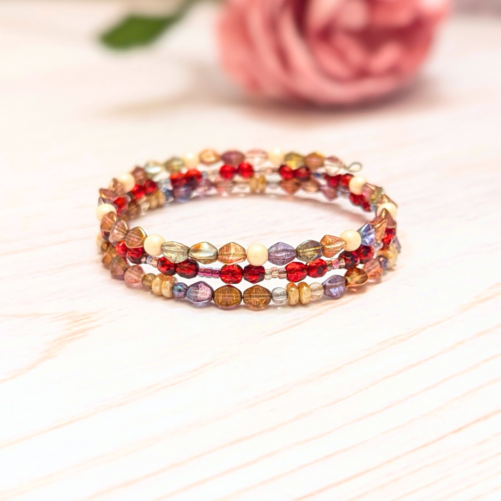 Beaded wire bracelet | Shimmering red beads and glass pearls | Unique | One of a kind design | Minimalist boho