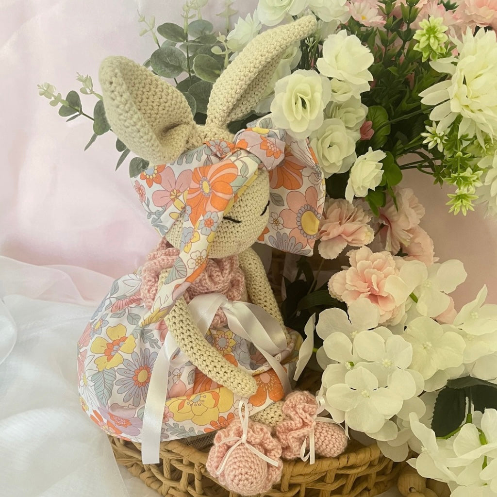 Handmade Crochet Bunny Doll Miss Nellie ,Matching Carry Bag, Scrunchie