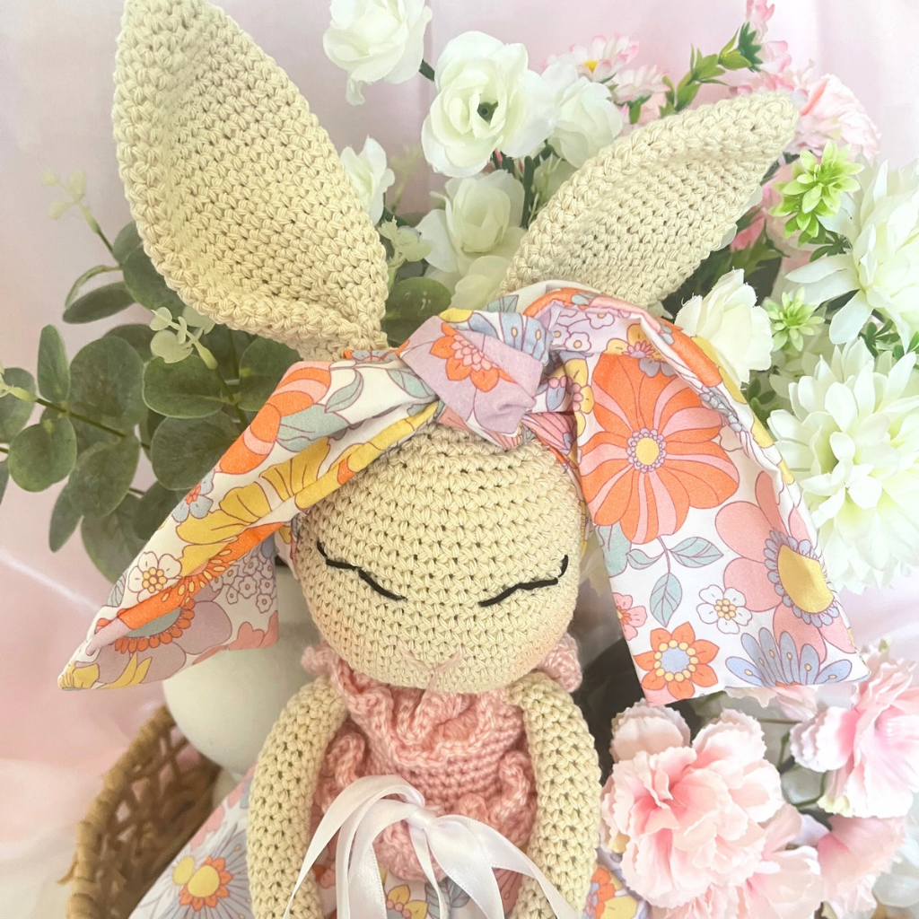 Handmade Crochet Bunny Doll Miss Nellie ,Matching Carry Bag, Scrunchie