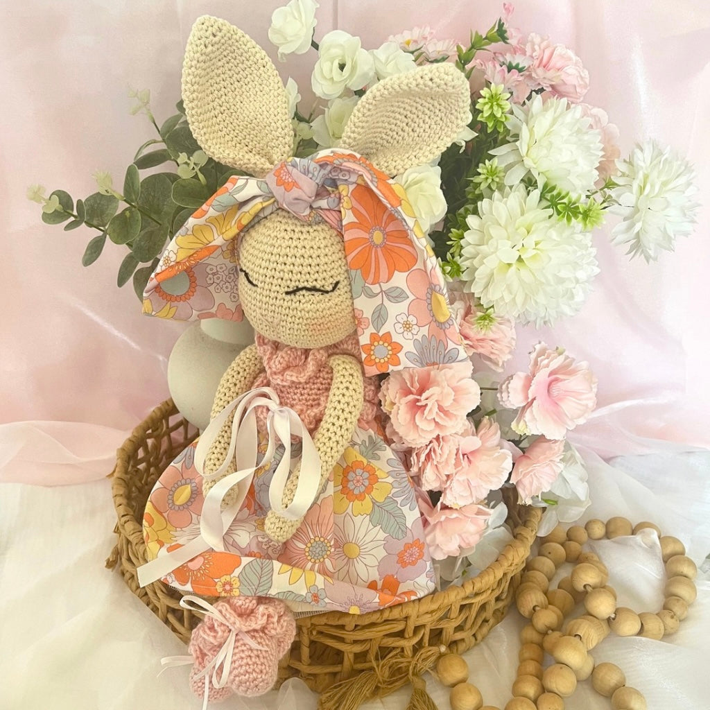 Handmade Crochet Bunny Doll Miss Nellie ,Matching Carry Bag, Scrunchie