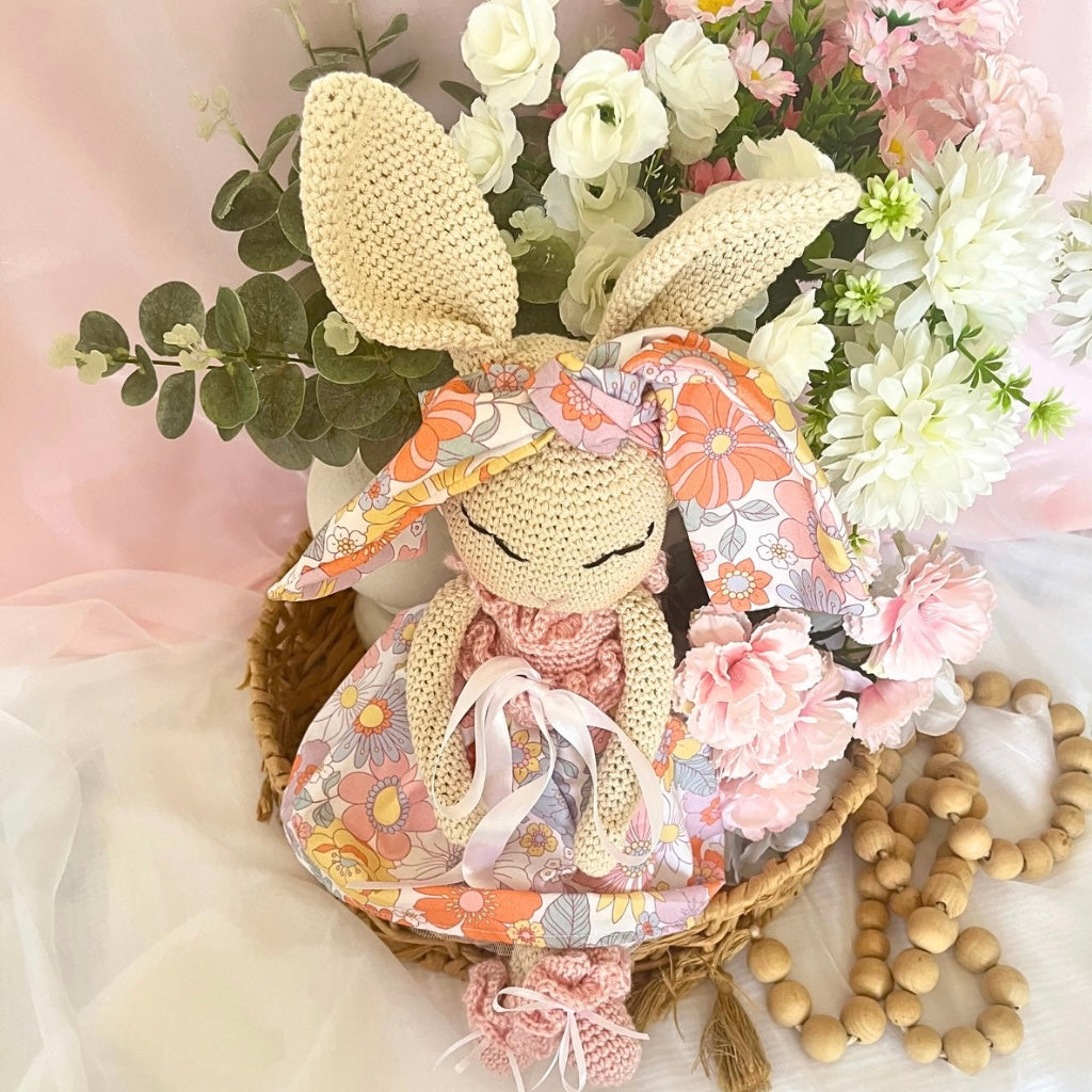 Handmade Crochet Bunny Doll Miss Nellie ,Matching Carry Bag, Scrunchie