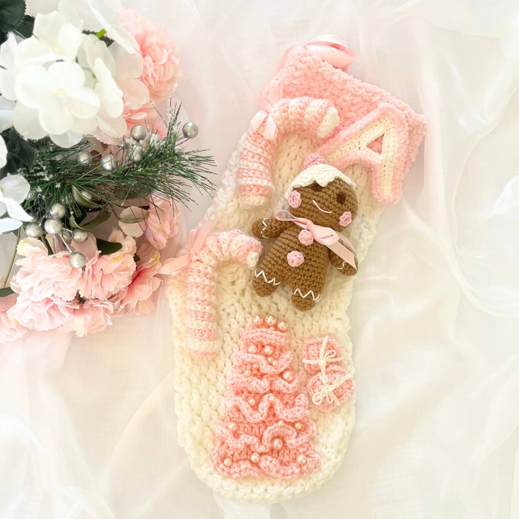 Handmade Crochet Gingerbread Baby Xmas Stocking Personalised