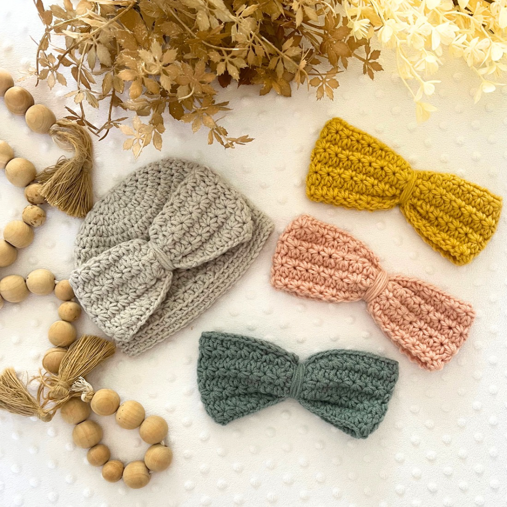 Handmade Crochet Baby Hat With Clip On Bows - Big Bow Crochet Baby Hat