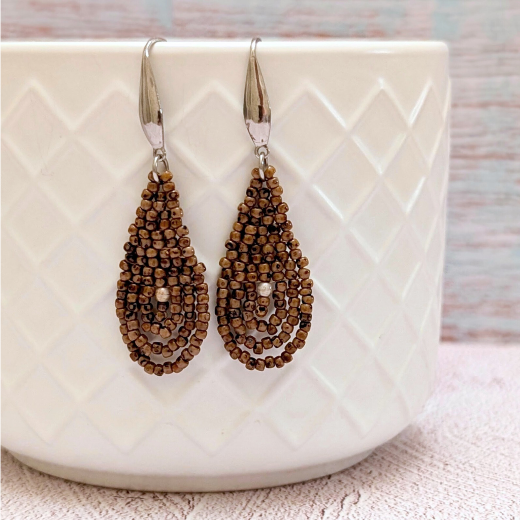 Boho droplet earrings with glass pearls - Picasso brown