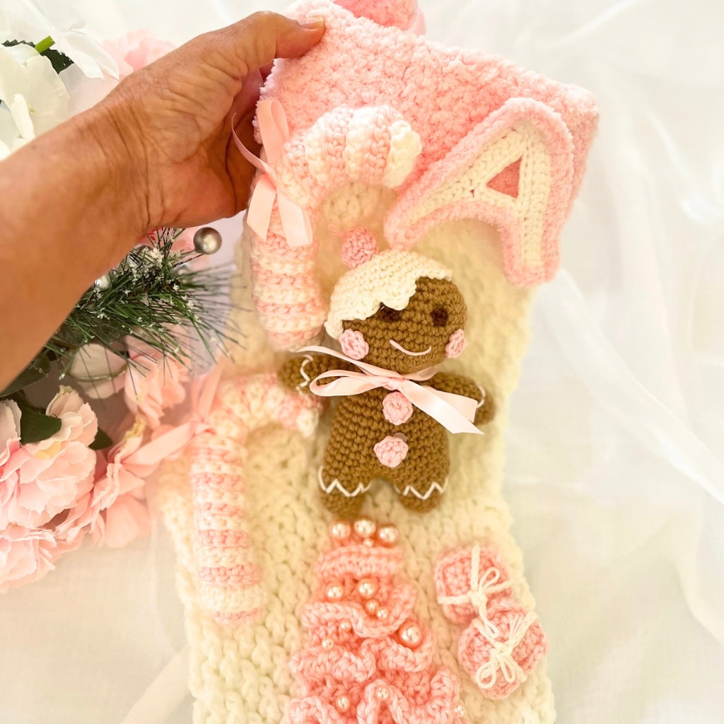 Handmade Crochet Gingerbread Baby Xmas Stocking Personalised